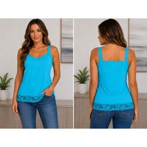 Eyeshadow Teal Lace Trim Tank Top Medium Boho Stretch Layering Cami Sleeveless